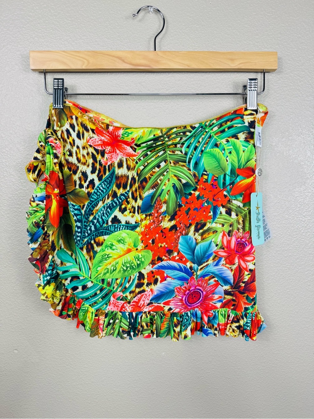 NWT Luli Fama Lush Horizons Ruffle Sarong Wrap Skirt Mini floral Vibrant